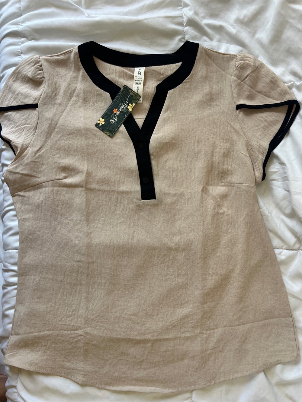 Beige Short-Sleeve Blouse with Black Trim